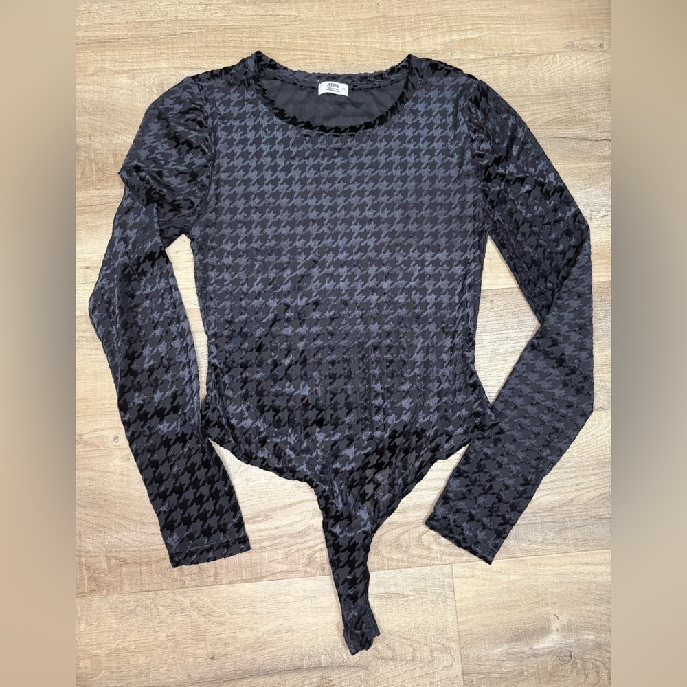 Mesh and velvet Black Houndstooth Women's Thong Bodysuit